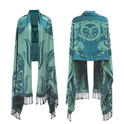 Shawl - Wolves & Full Moon (Green/Teal)